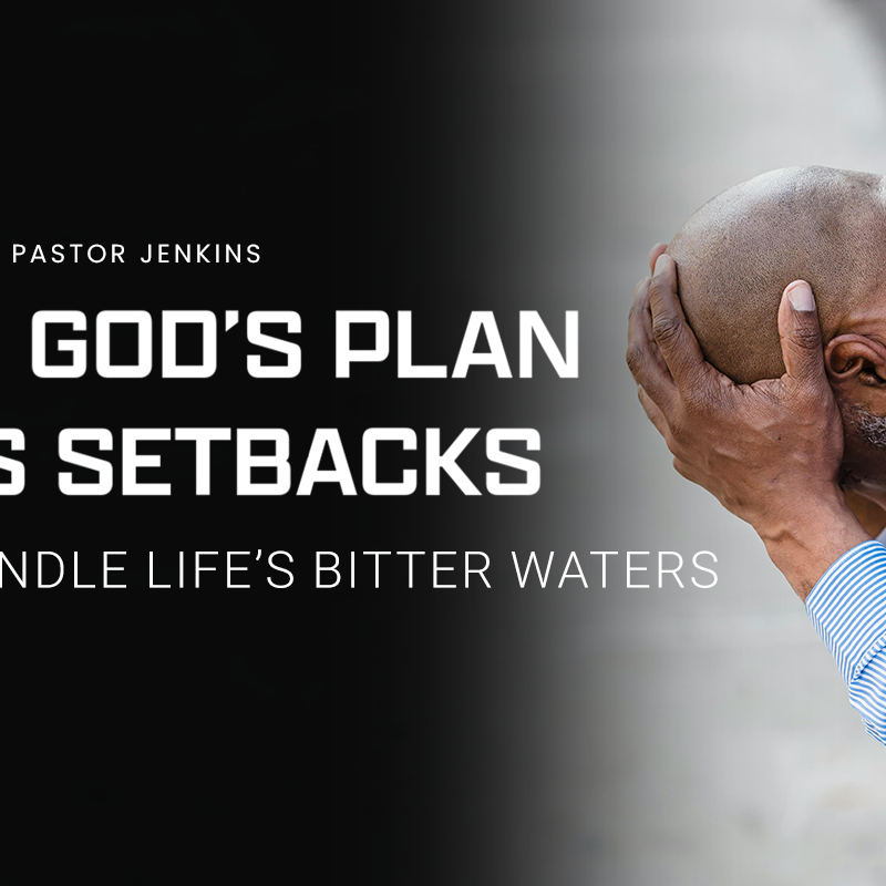Banner for the Pastor Jenkins devotional, "3 Ways to Handle Life's Bitter Waters": Image shows a man kneeling in prayer with his head bowed.