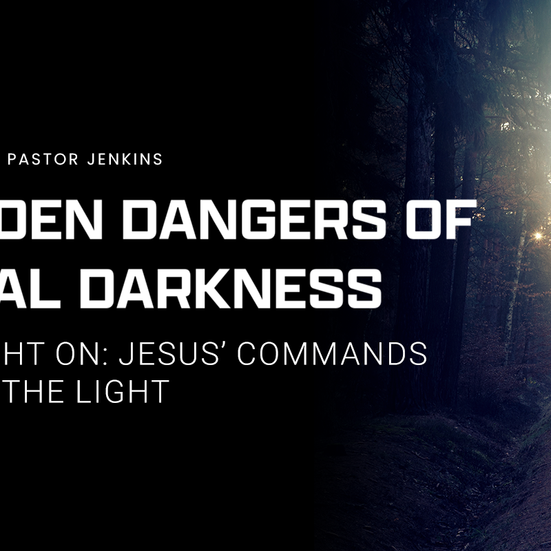 Banner for the Pastor Jenkins devotional, "Leave the Light On: Jesus' Commands for Living in the Light": Image shows a strong beam of light breaking through a dark background.